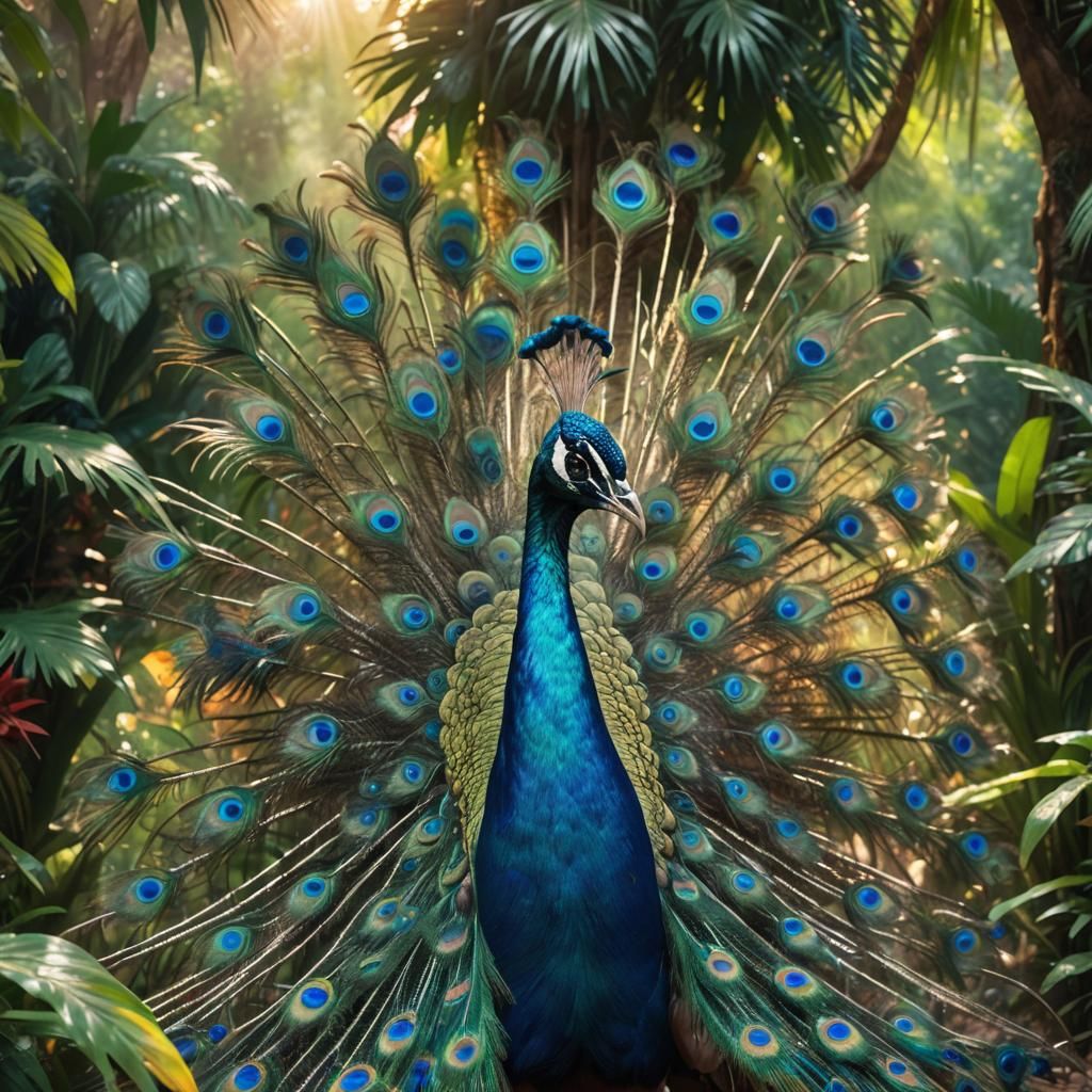 Majestic Peacock Display in Hyperrealistic Splash Art