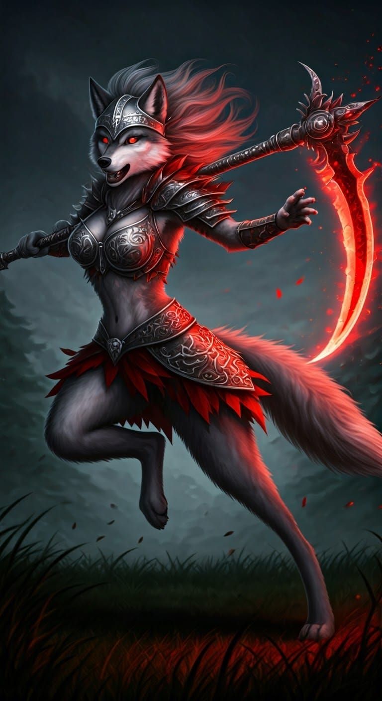 Gray Wolf Valkyrie Charges into Battle with Red Scythe