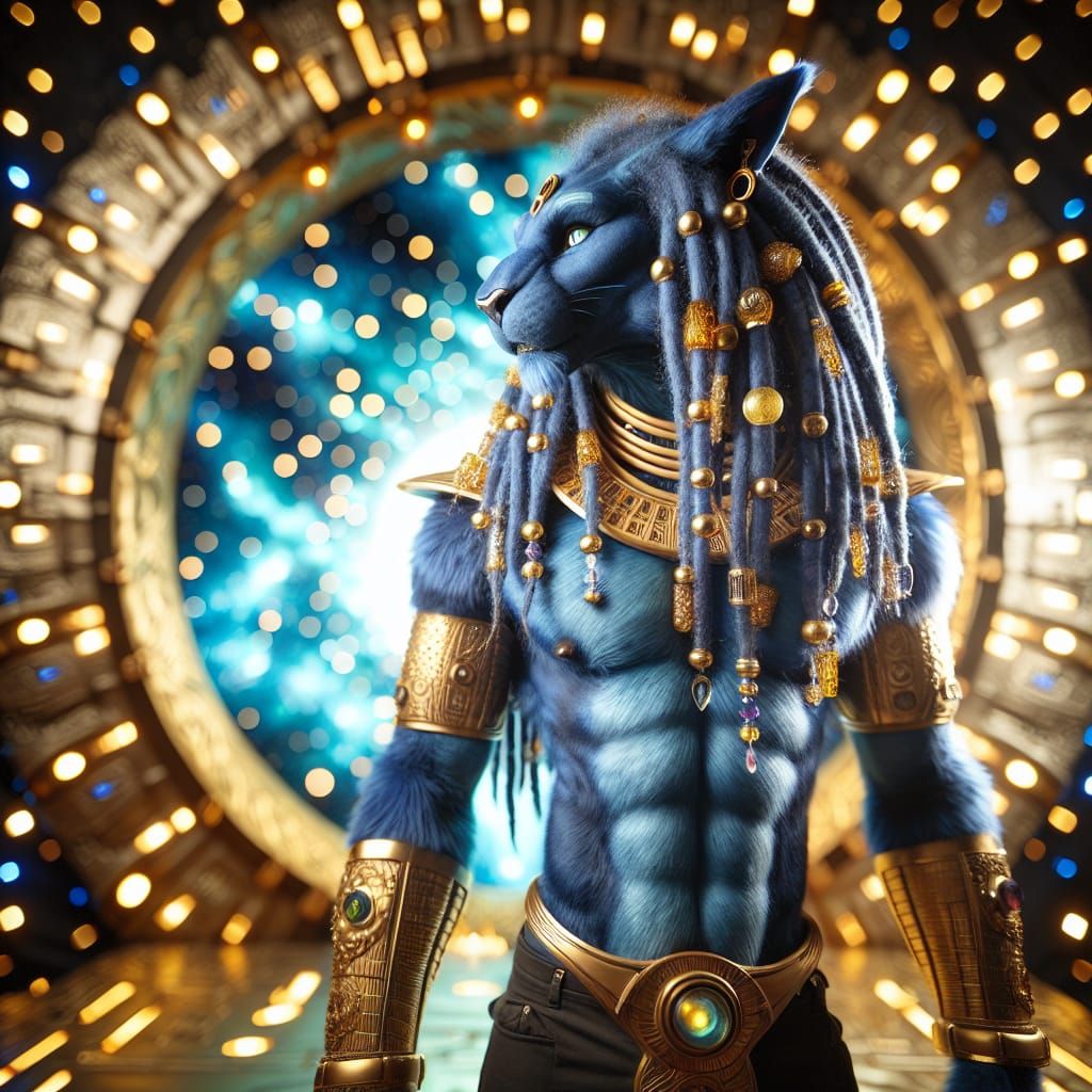 Blue Feline Humanoid Before Golden Stargate