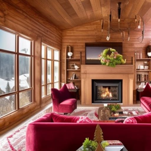 Beautiful cabin penthouse with Beautiful Wood walls with elegant huge windows& Beautiful burgundy red furniture& Rose go...
