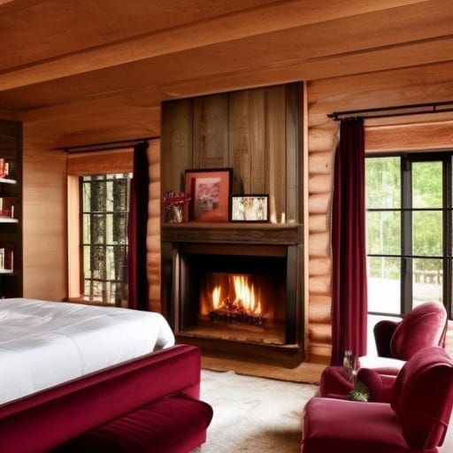 Beautiful cabin penthouse with Beautiful Wood walls with elegant huge windows& Beautiful burgundy red furniture& Rose go...