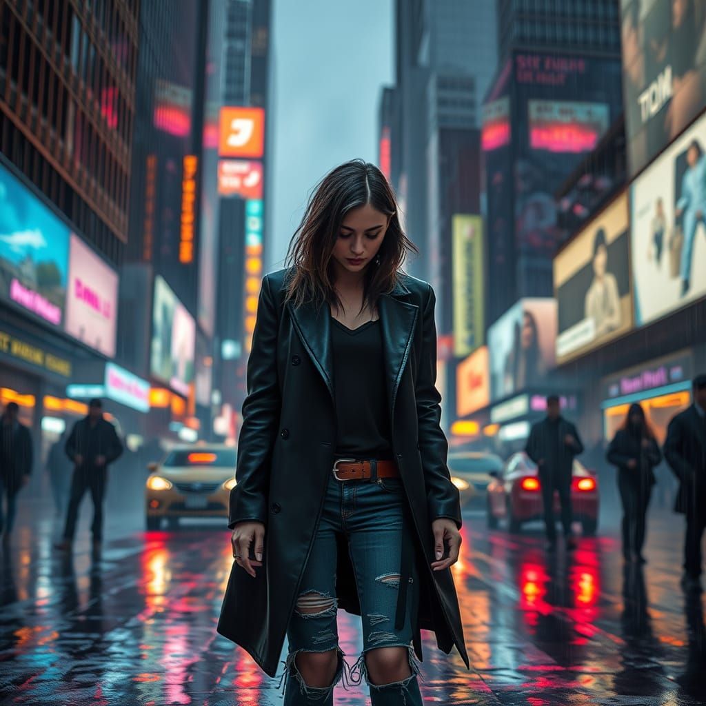 Dystopian Woman in Rain-Soaked Cityscape