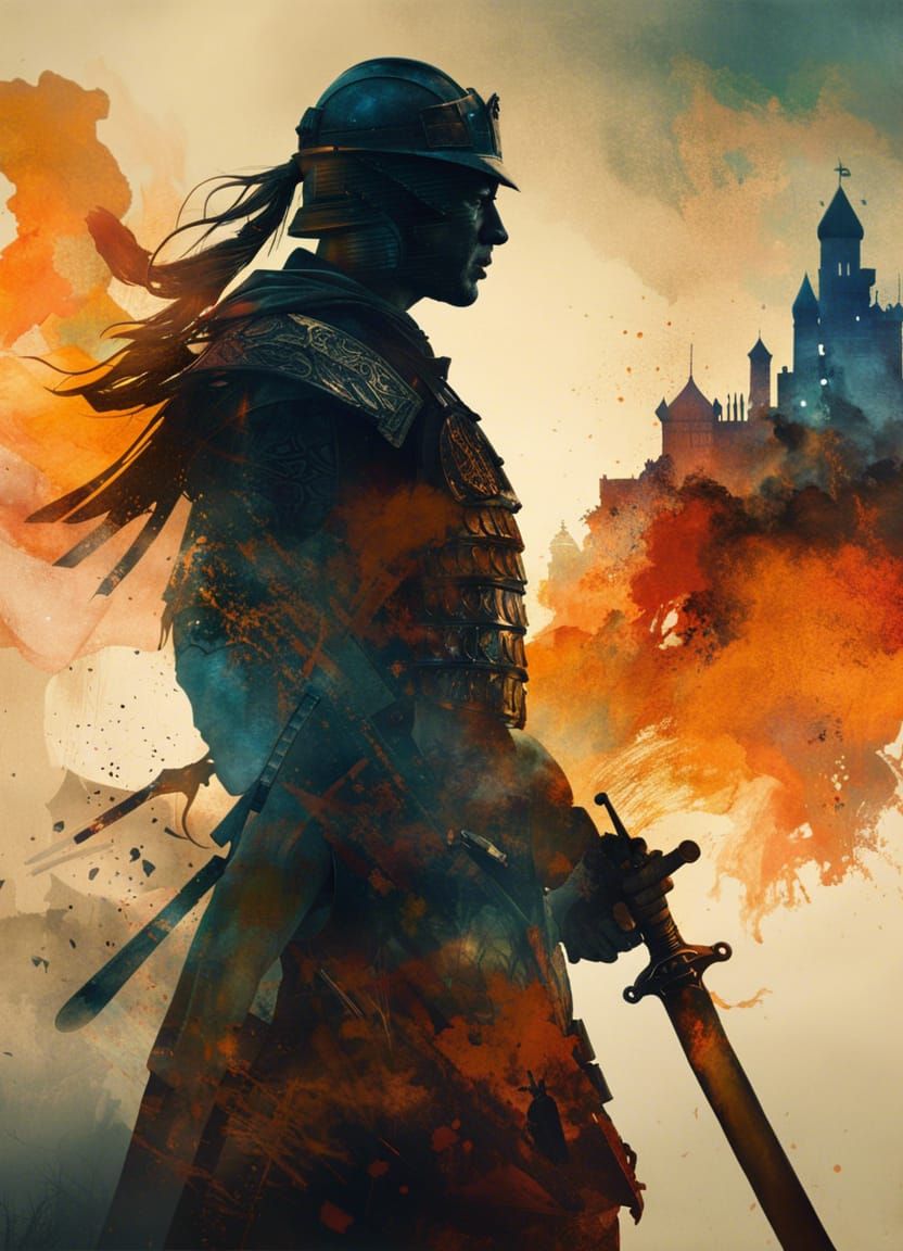 Warrior Silhouette in Fiery Battlefield, Digital Art