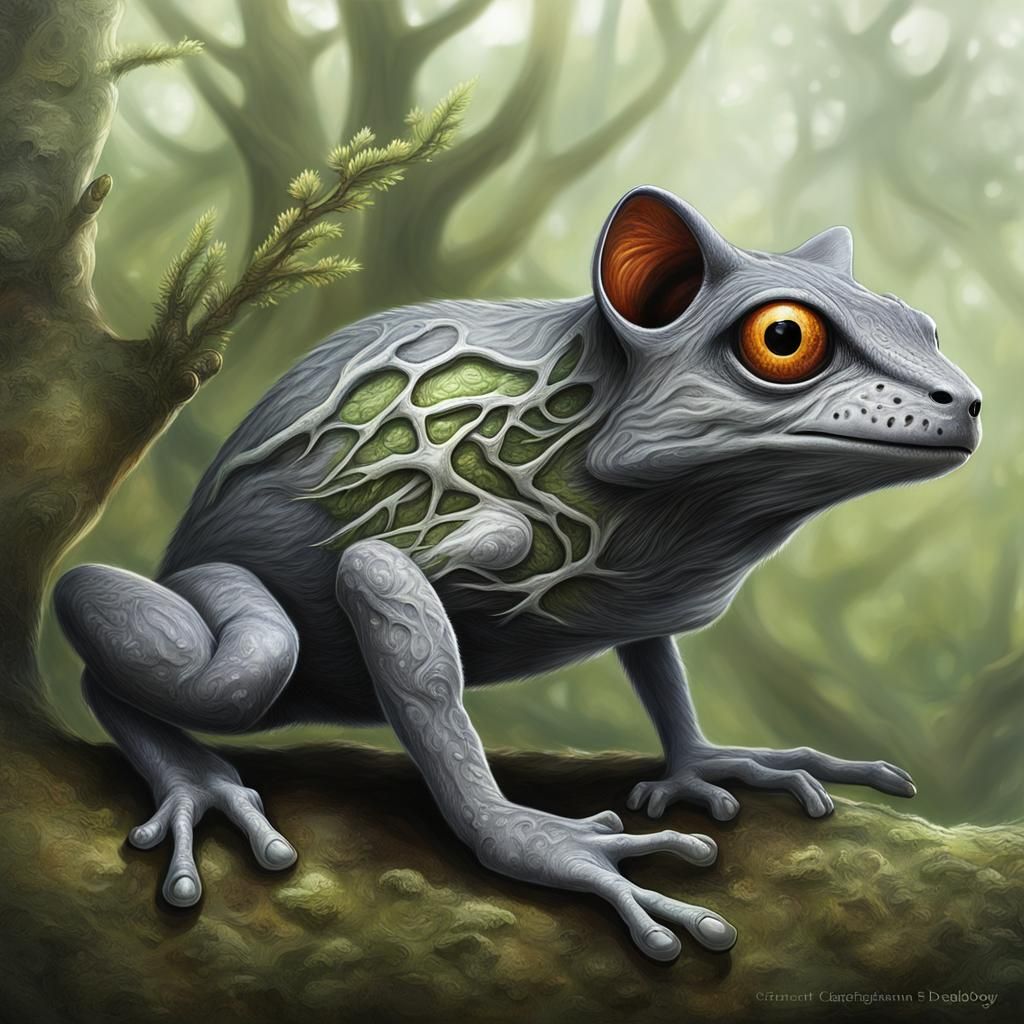 Alien Exoplanet with Gray Avian and Amphibian Creatures