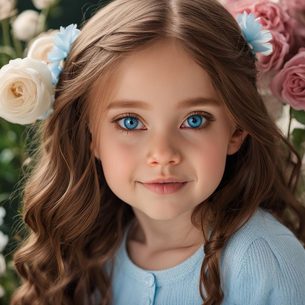 Pretty Girl with Brown Hair and Blue Eyes Portrait
