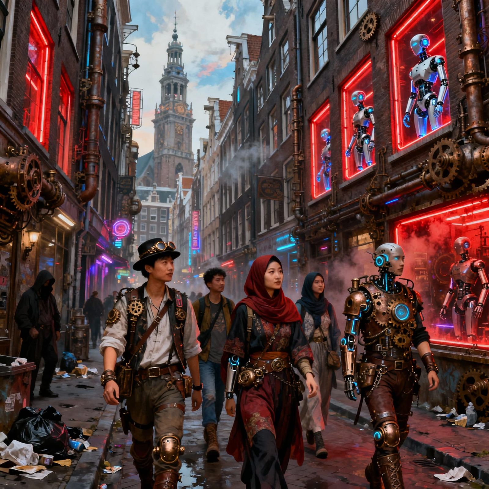 Steampunk Cyberpunk Amsterdam 2180 Tourist Scene