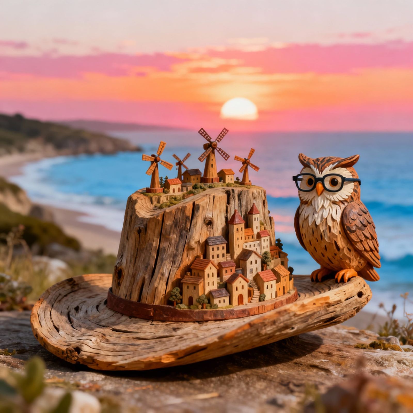 Whimsical Driftwood Hat City with Owl and Sunset