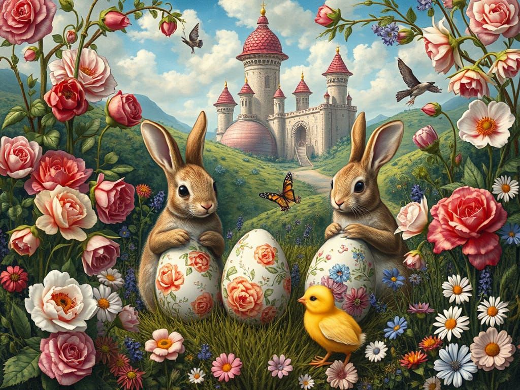 Bunnies Painting Easter Eggs in Renaissance Style