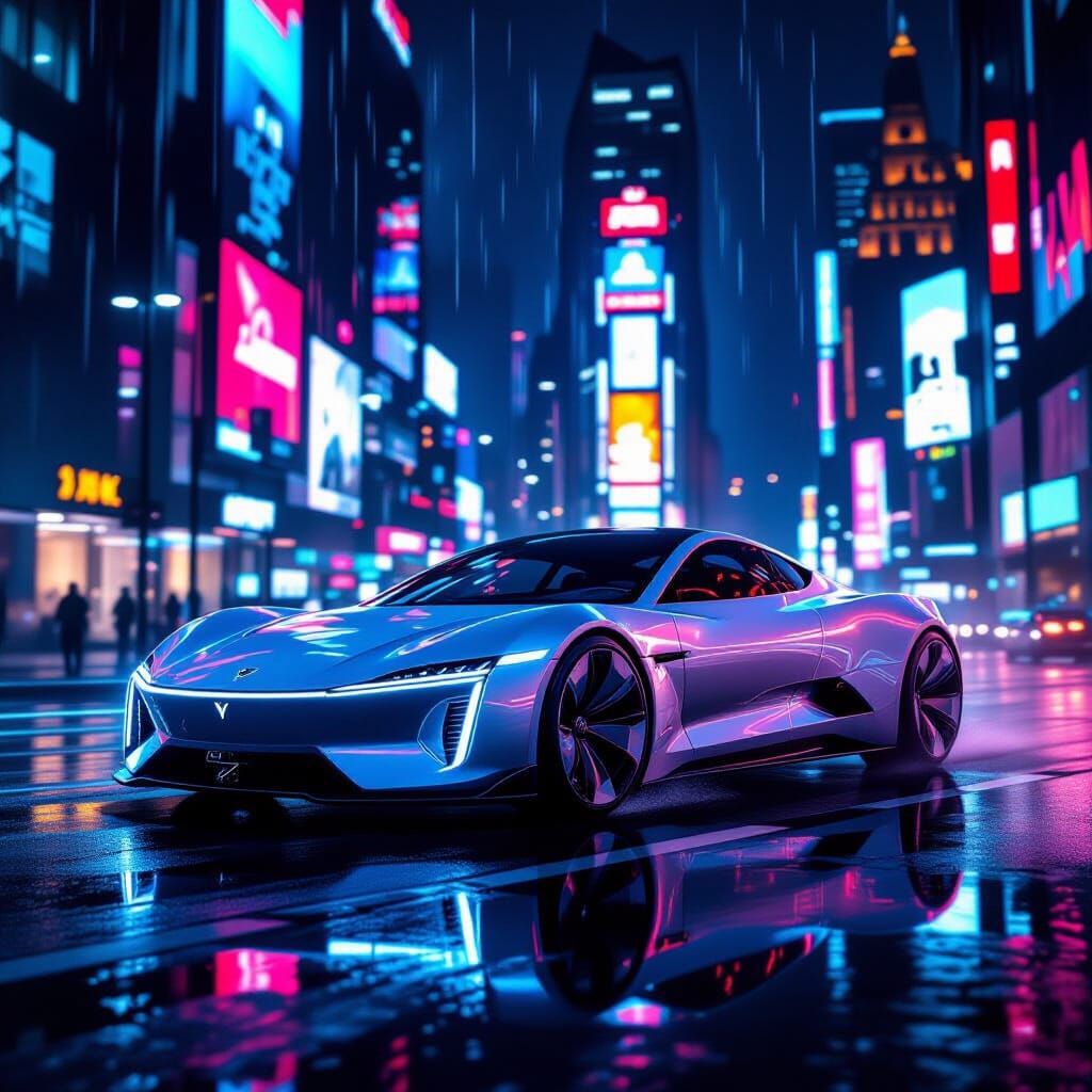 Futuristic Electric Car in Neon Cityscape
