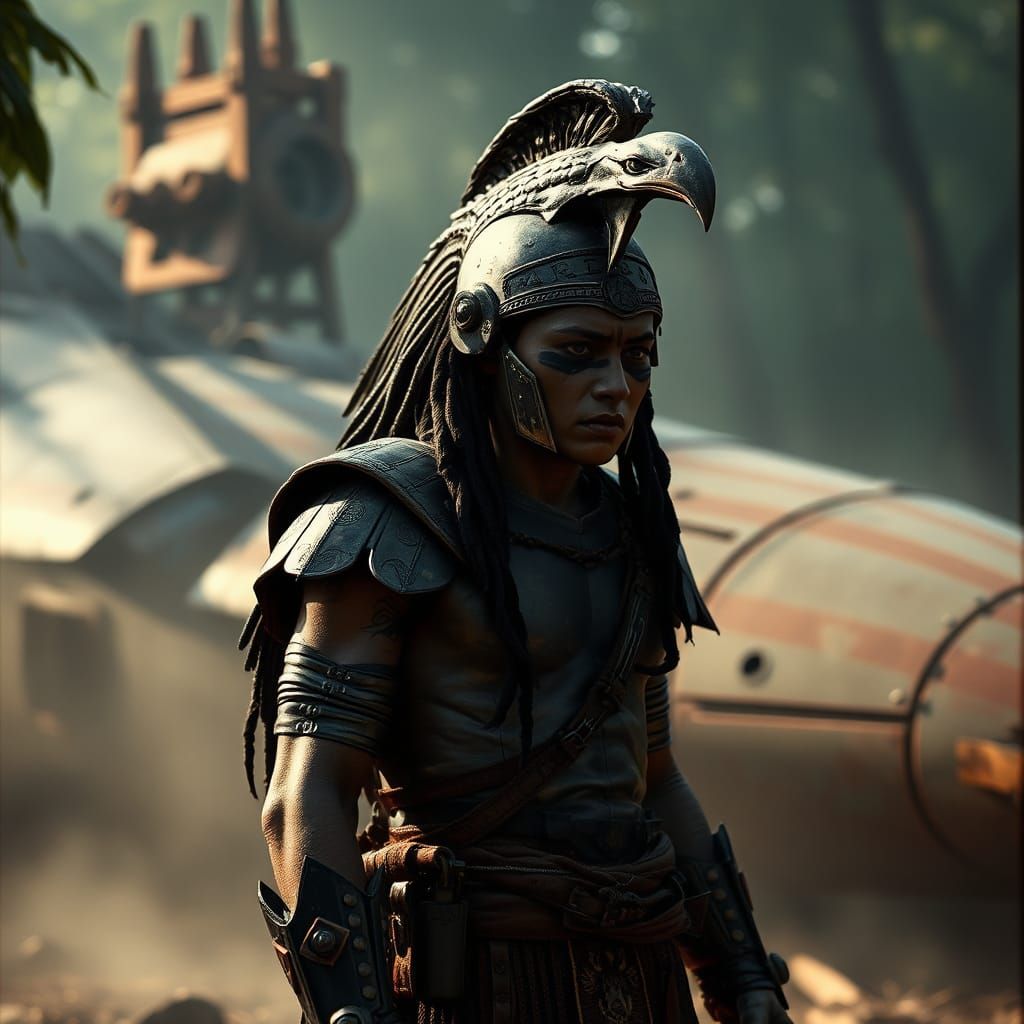 Cyberpunk Aztec Warrior in Misty Jungle, Cinematic Style