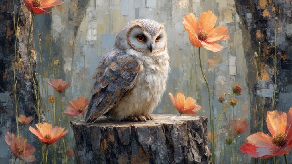 Owl in Spring Garden Paper Art Scene