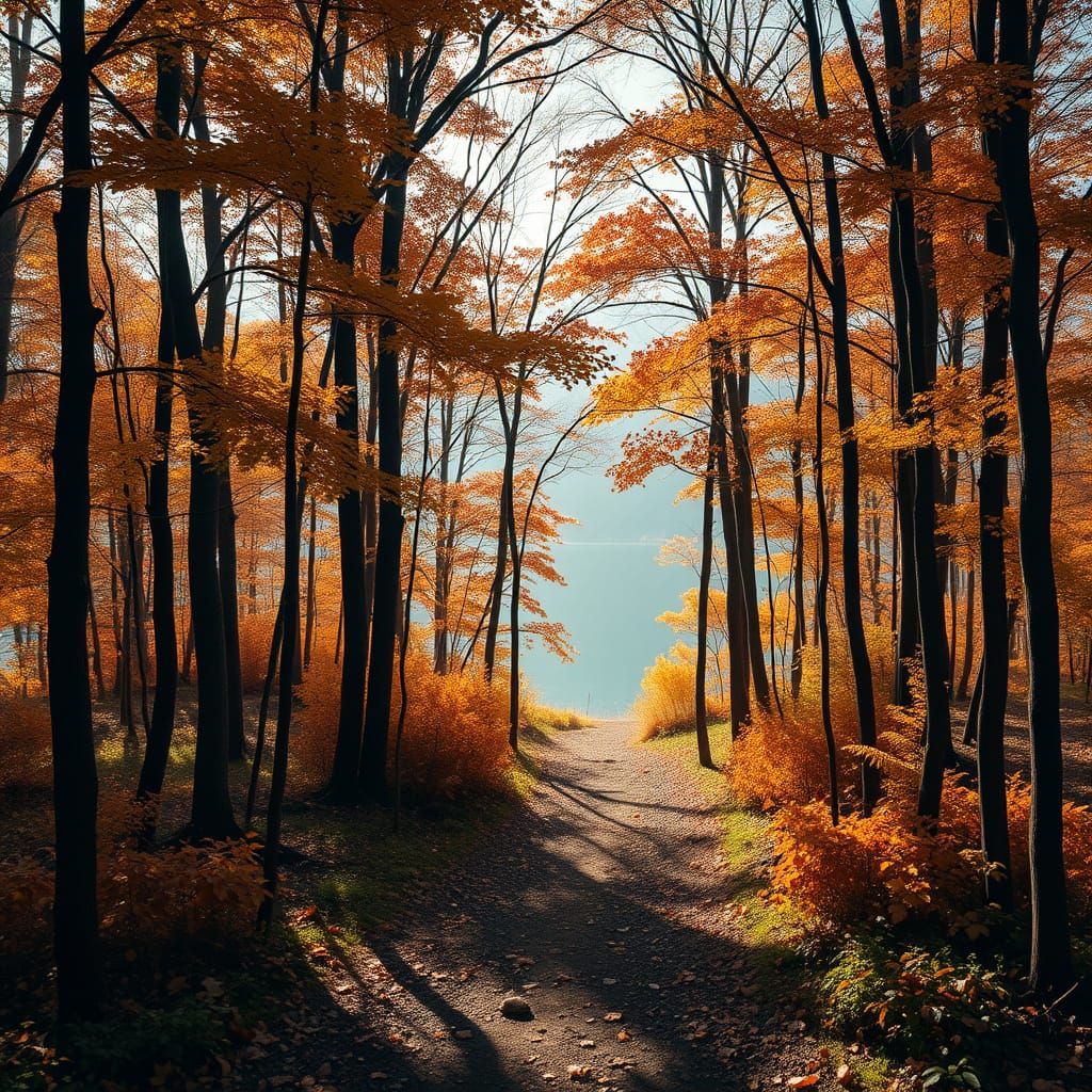 Bright Autumn Forest Path Leads to Hidden Lake