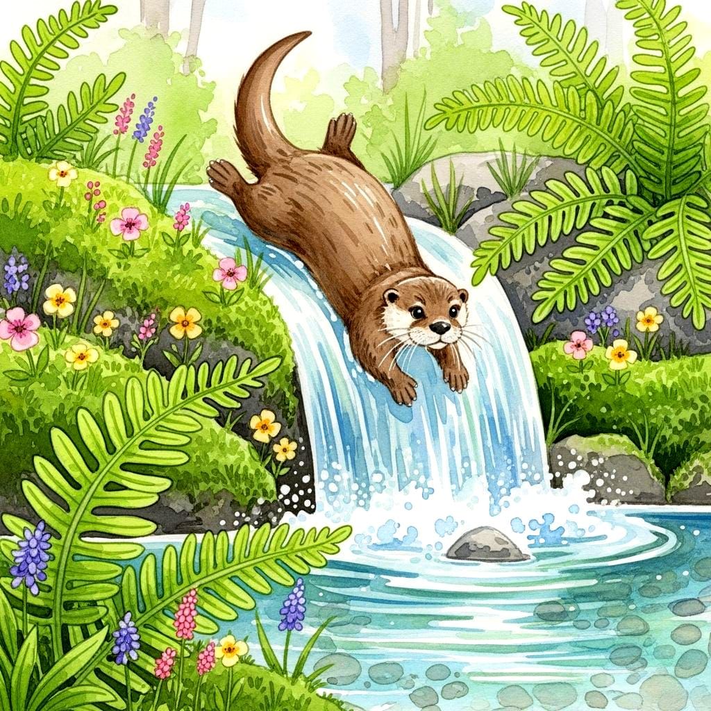 Playful Otter Slides into Waterfall: Watercolor Painting