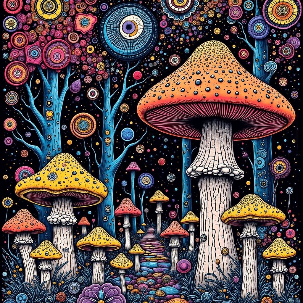 Batik Fractal Mushrooms in a Bioluminescent Forest