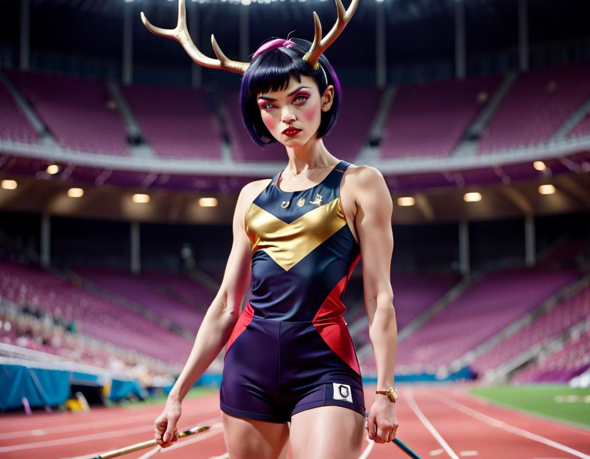 Olympic Javelin Thrower with Antlers in Jewel Tones