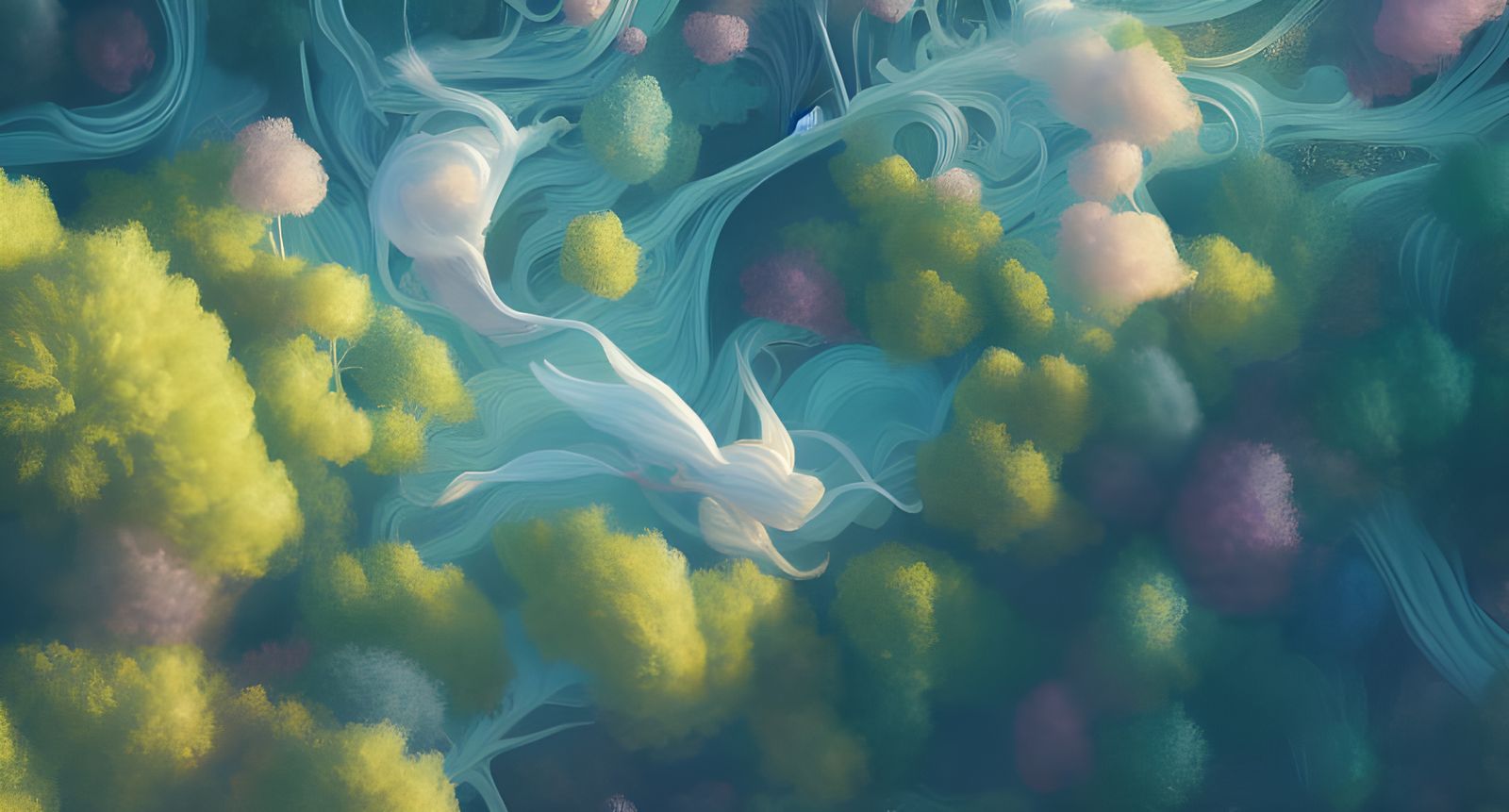 Sunny Fantasy Landscape with Swirling Trees in Pastel Colors