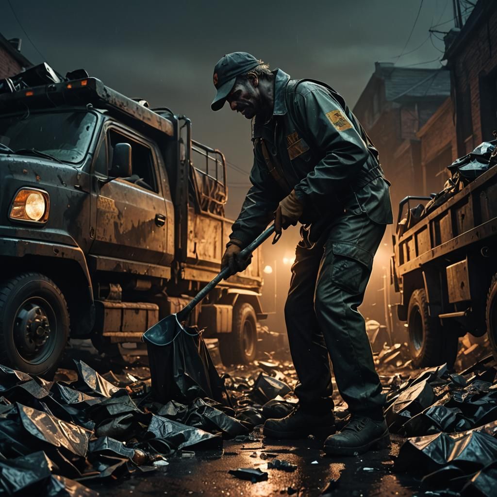 Dystopian Garbage Collector Amidst Grimy Abandonment