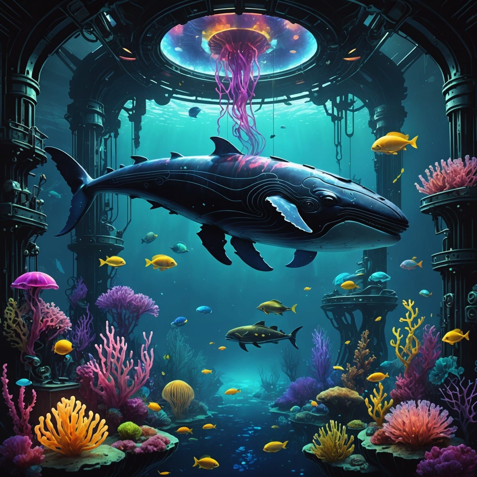 Neon Bioluminescent Whale in Underwater World