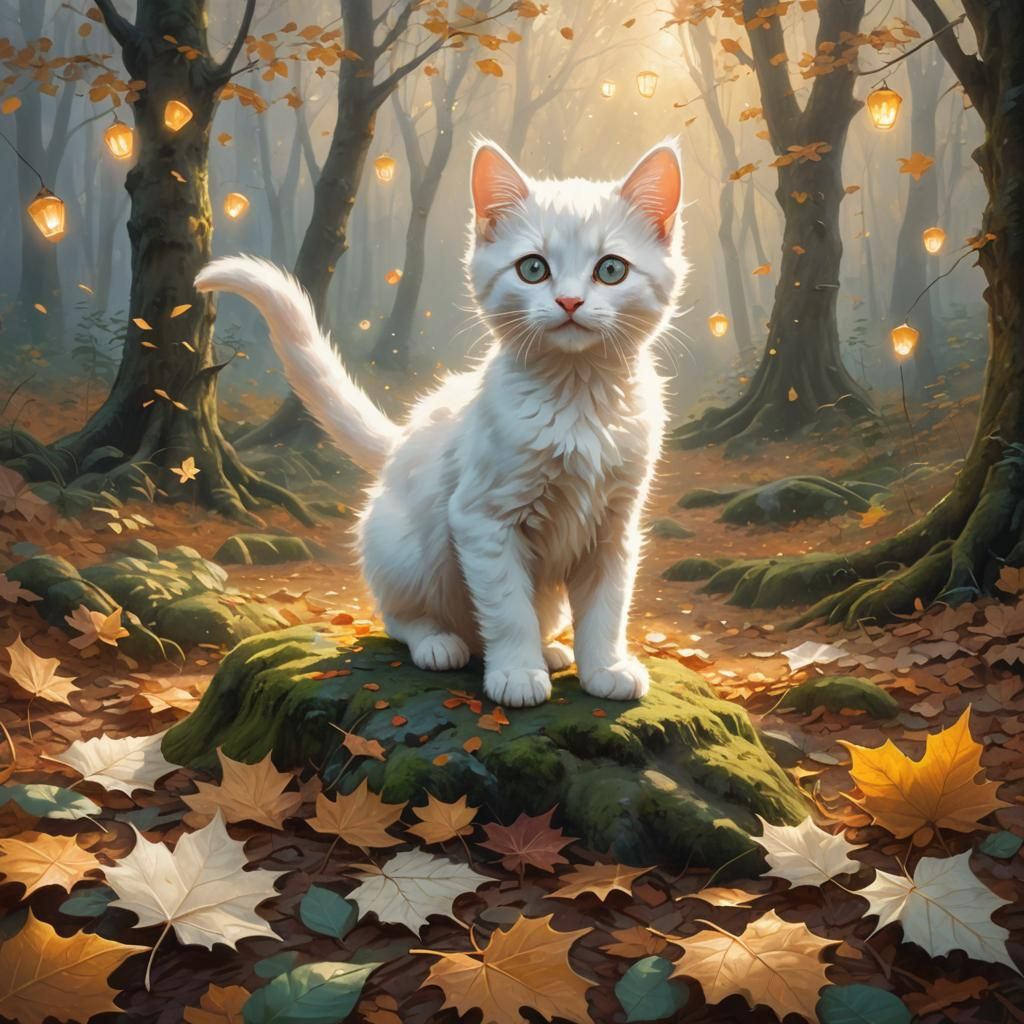 White Kitten's Autumn Adventure: A Fantasy Realism Scene
