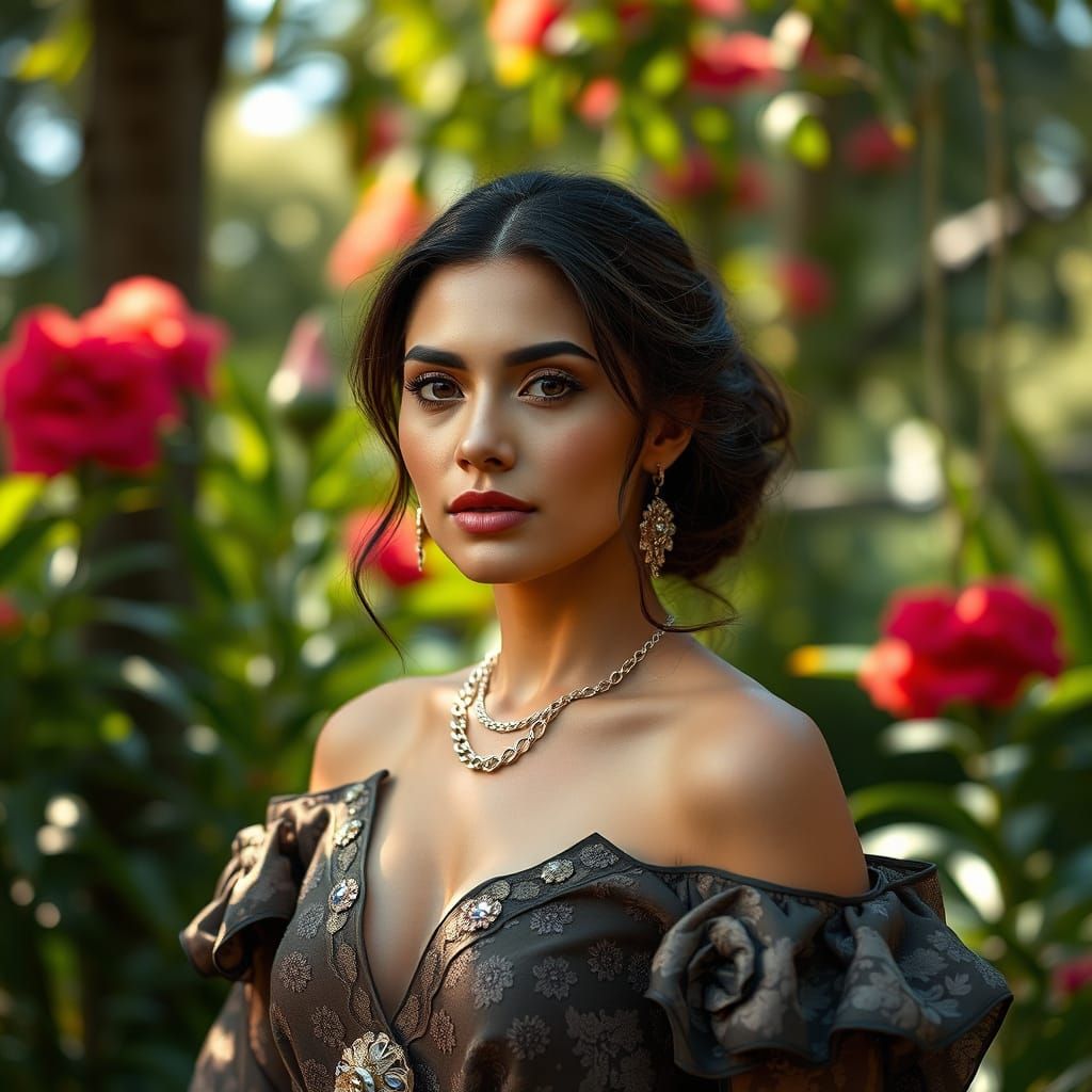 Elegant Woman in Lush Setting, Hyper-Realistic Photo