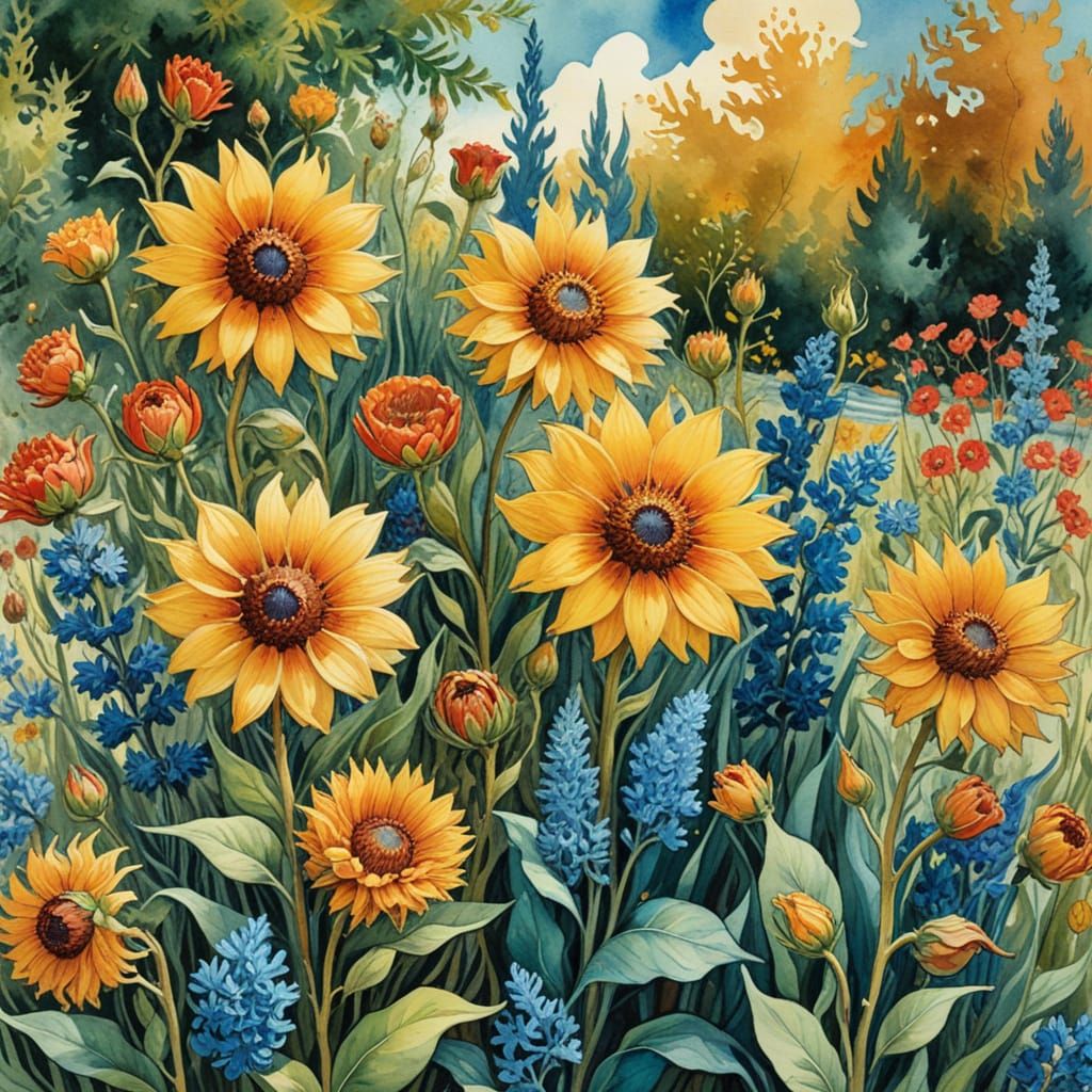 Whimsical Garden Blooms in a Vibrant Impressionist Style