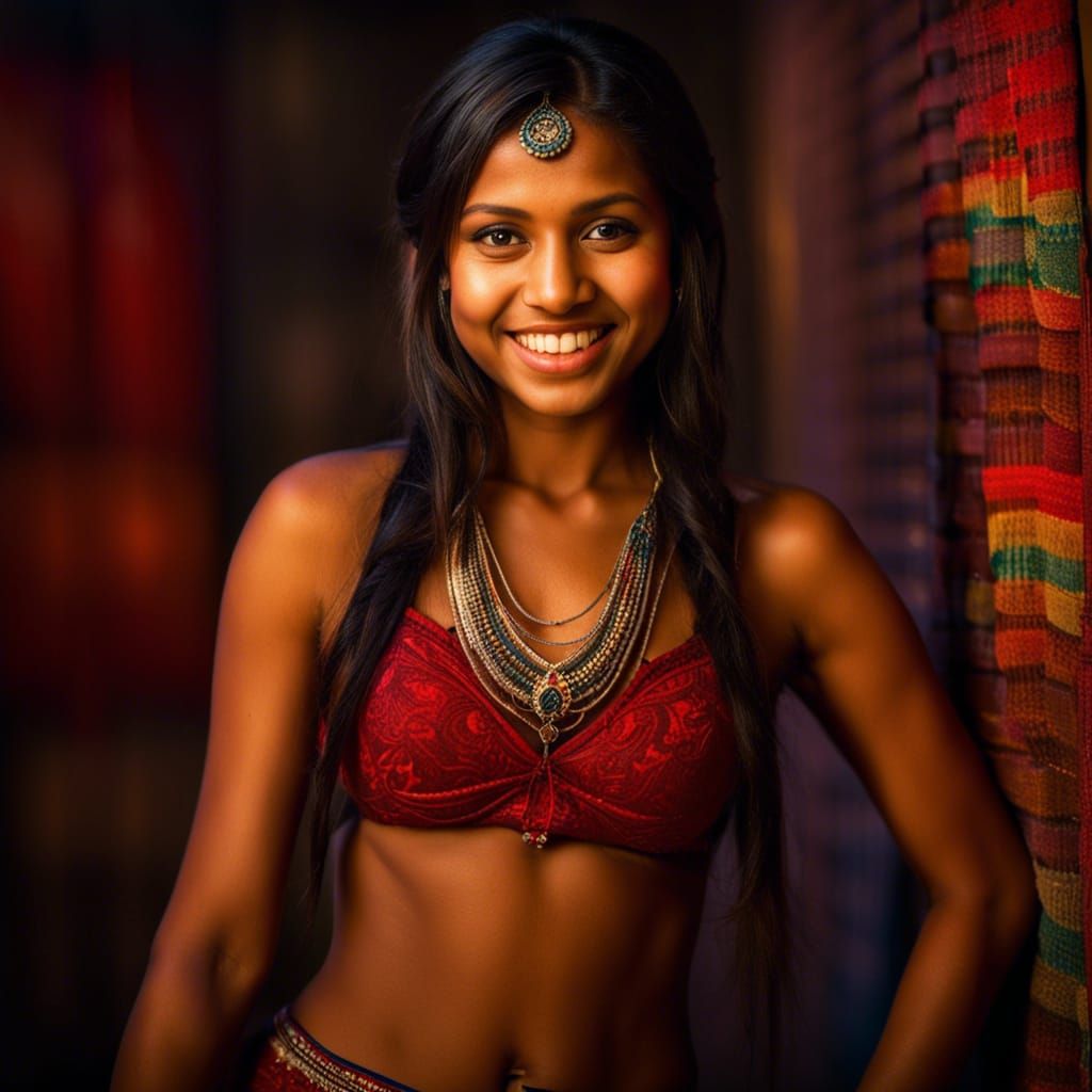 3/4 body photo of a red-indian girl smiling
