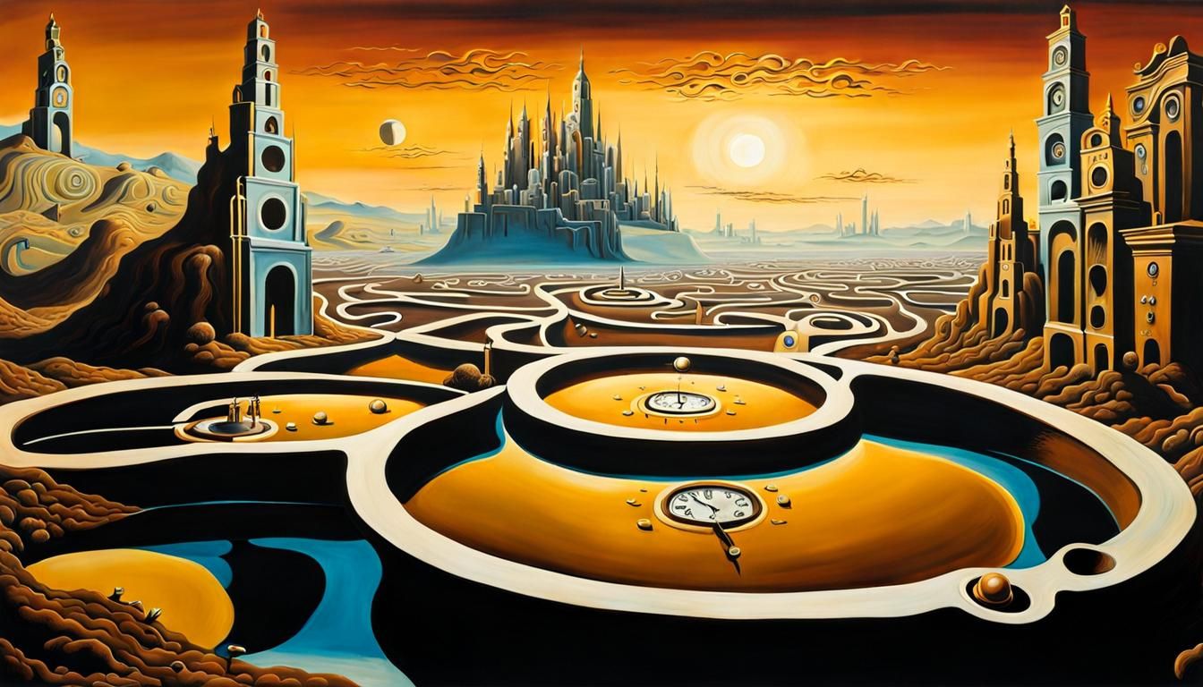 Surreal Cityscape with Melting Clocks in Dreamlike Landscape