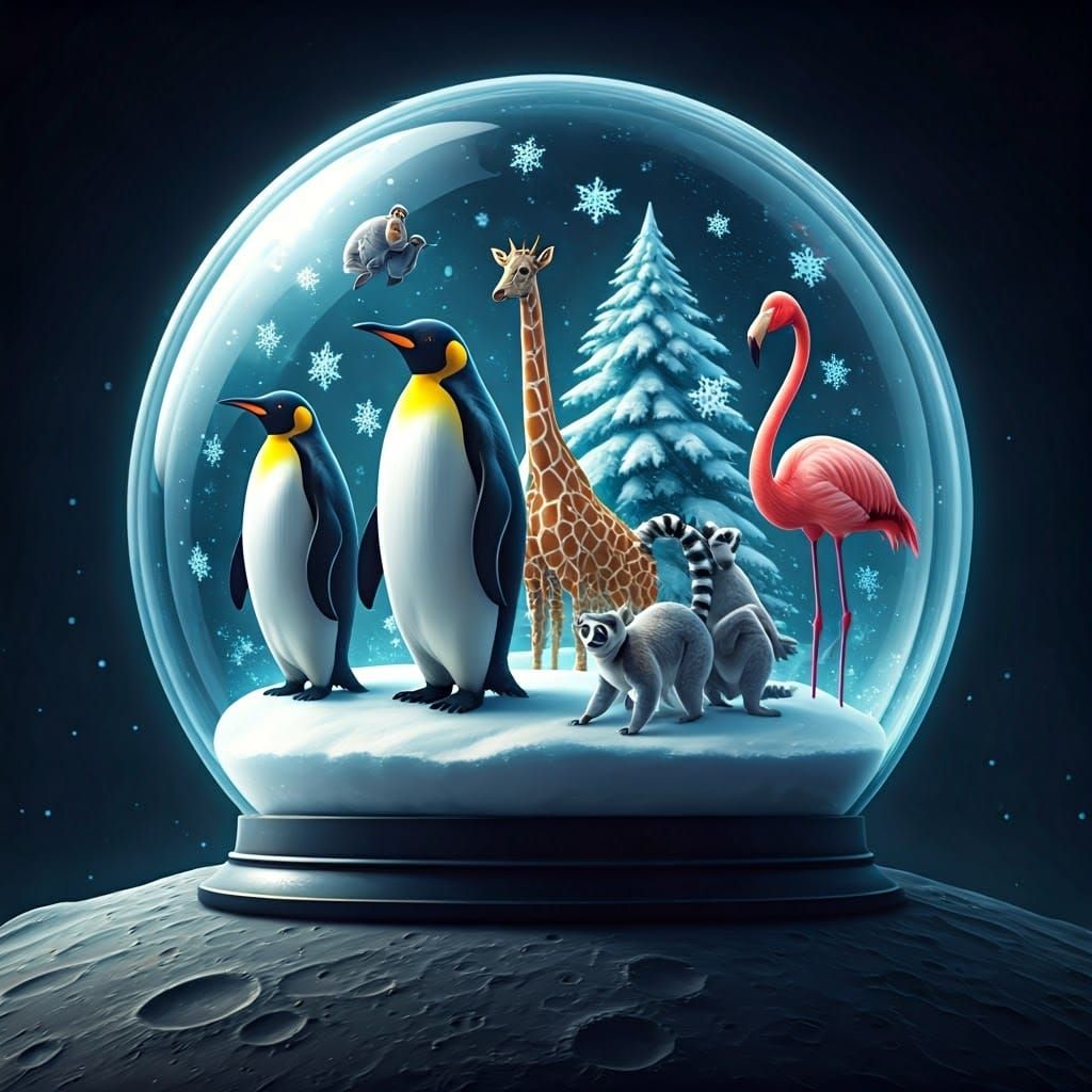 Animals Party in Snow Globe on the Moon