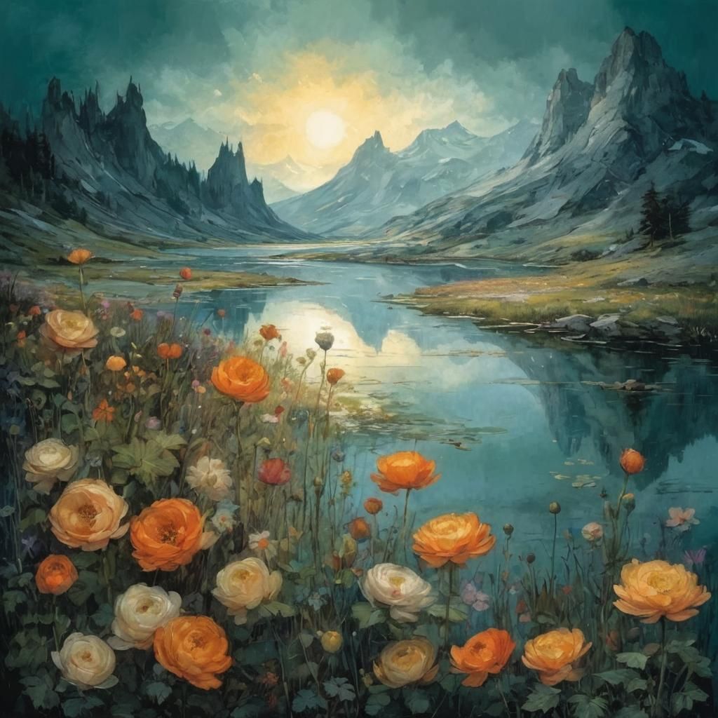 Picturesque Lake Surrounded by Flowers and Mountains