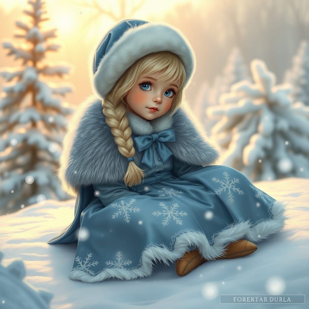 Enchanting Winter Scene: Girl in Blue Gown