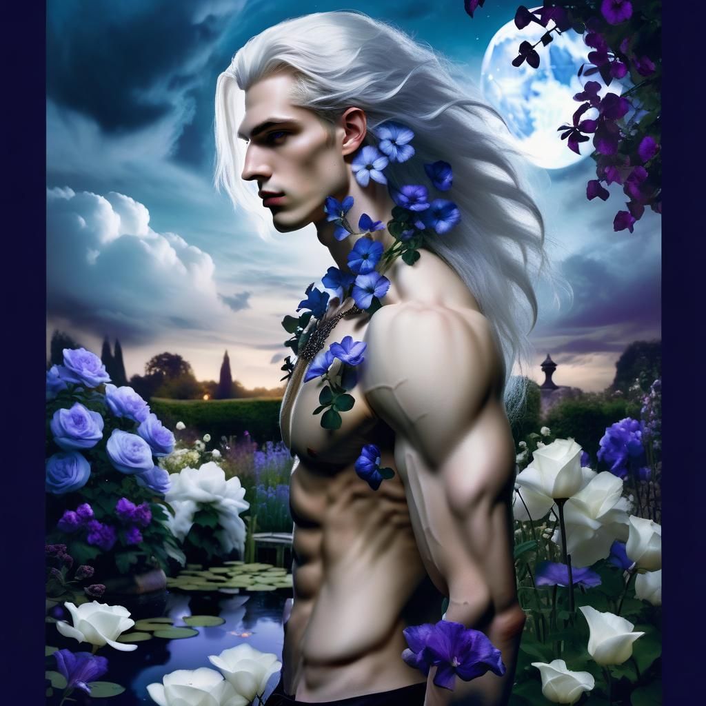 Young Man in a Night Garden with Flowers