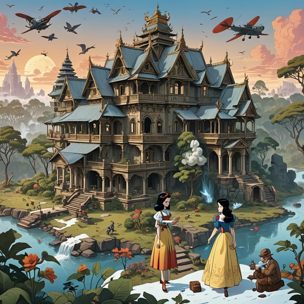 Fantastic Scene with Snow White, Frankenstein, and More