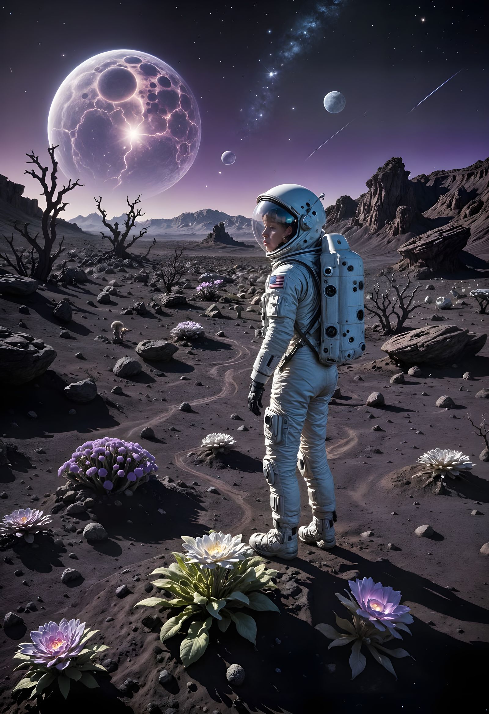 Astronaut Tends Bioluminescent Garden on Alien Planet