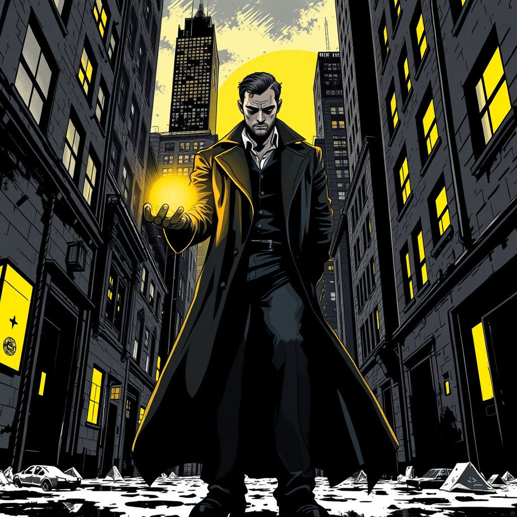 Noir Mage with Yellow Glow: Comic Book Style