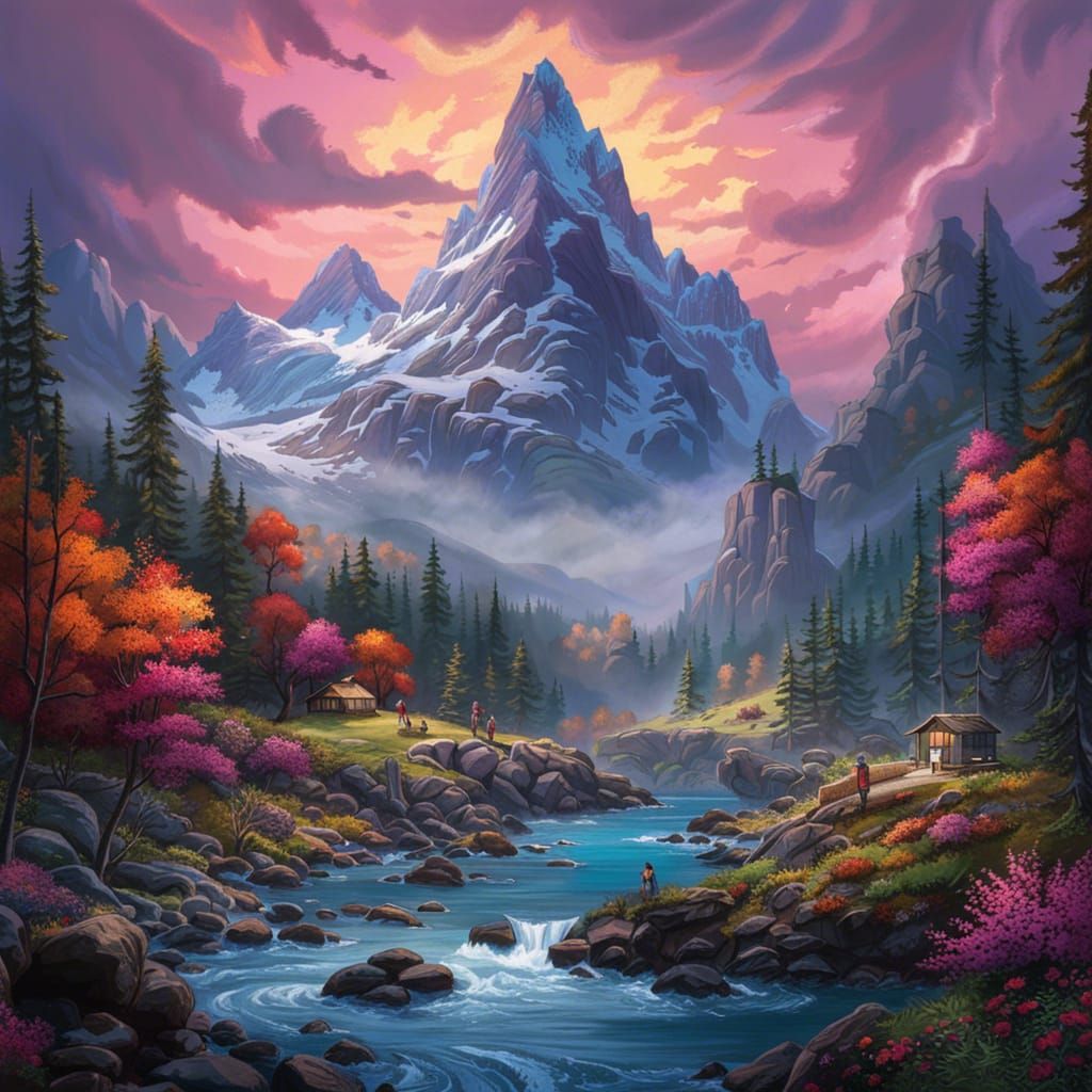 Elvish Village Sunrise: Detailed Sci-Fi Landscape