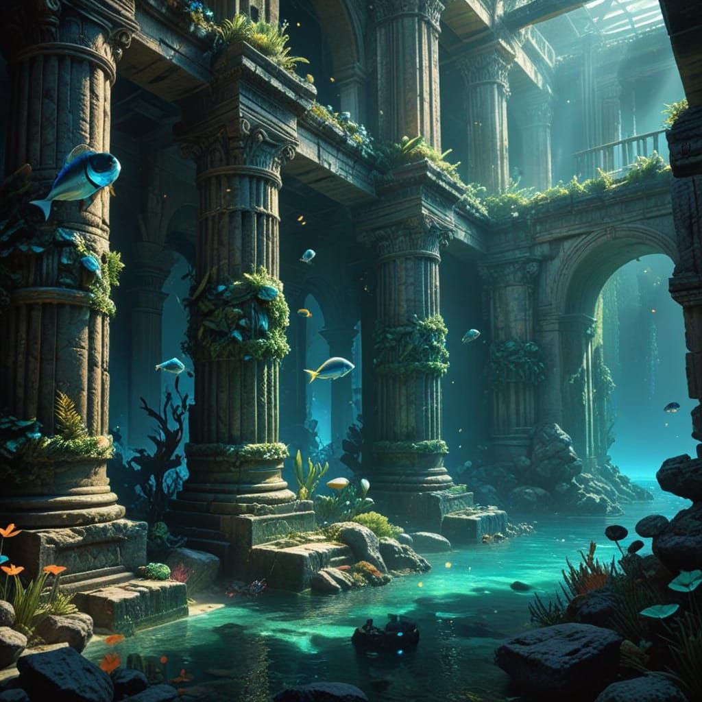 Underwater Ancient City Ruins in Detailed Digital Painting