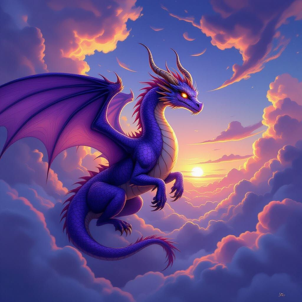 Amethyst Dragon Soaring Through Twilight Sky