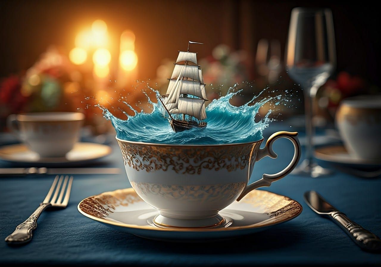 Miniature Ship Sails Teacup Ocean: Hyperrealistic Digital Ar...