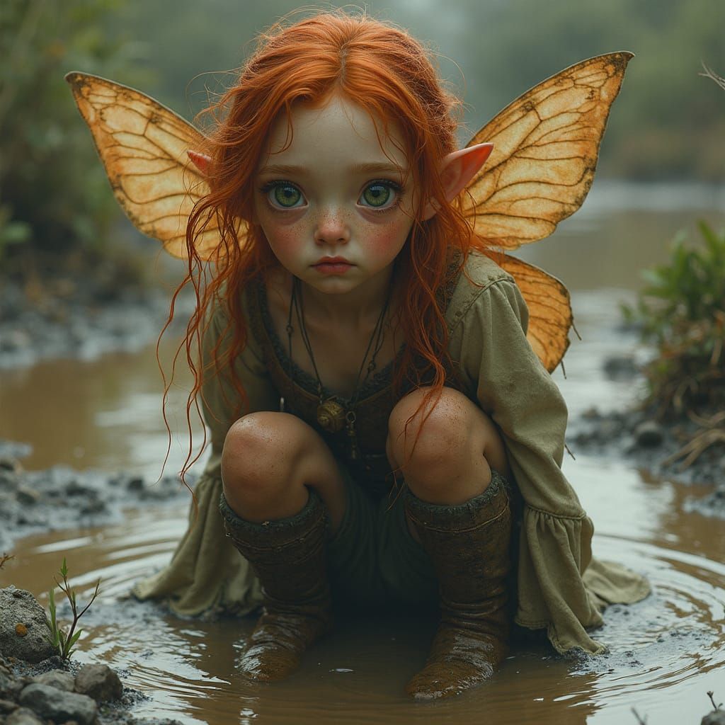 Melancholic Fairy Struggles in Muddy Puddle as Painting