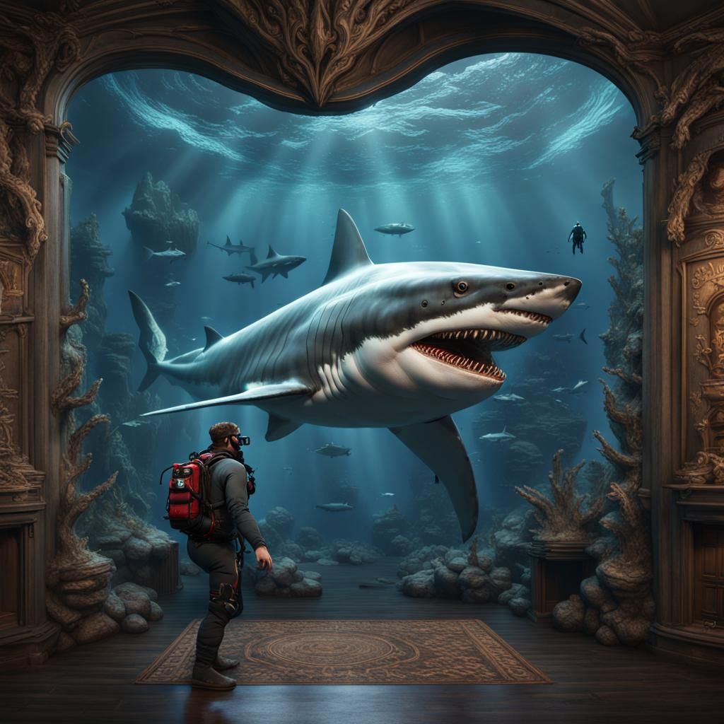 Megalodon, Great White Shark, and Diver: Detailed Matte Pain...