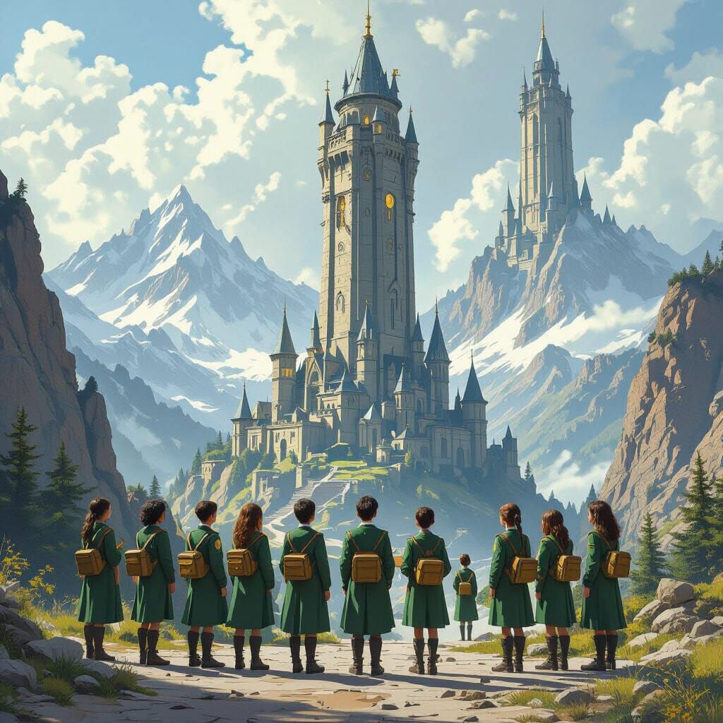 Wizard Academy with Young Cadets in Dramatic Landscape