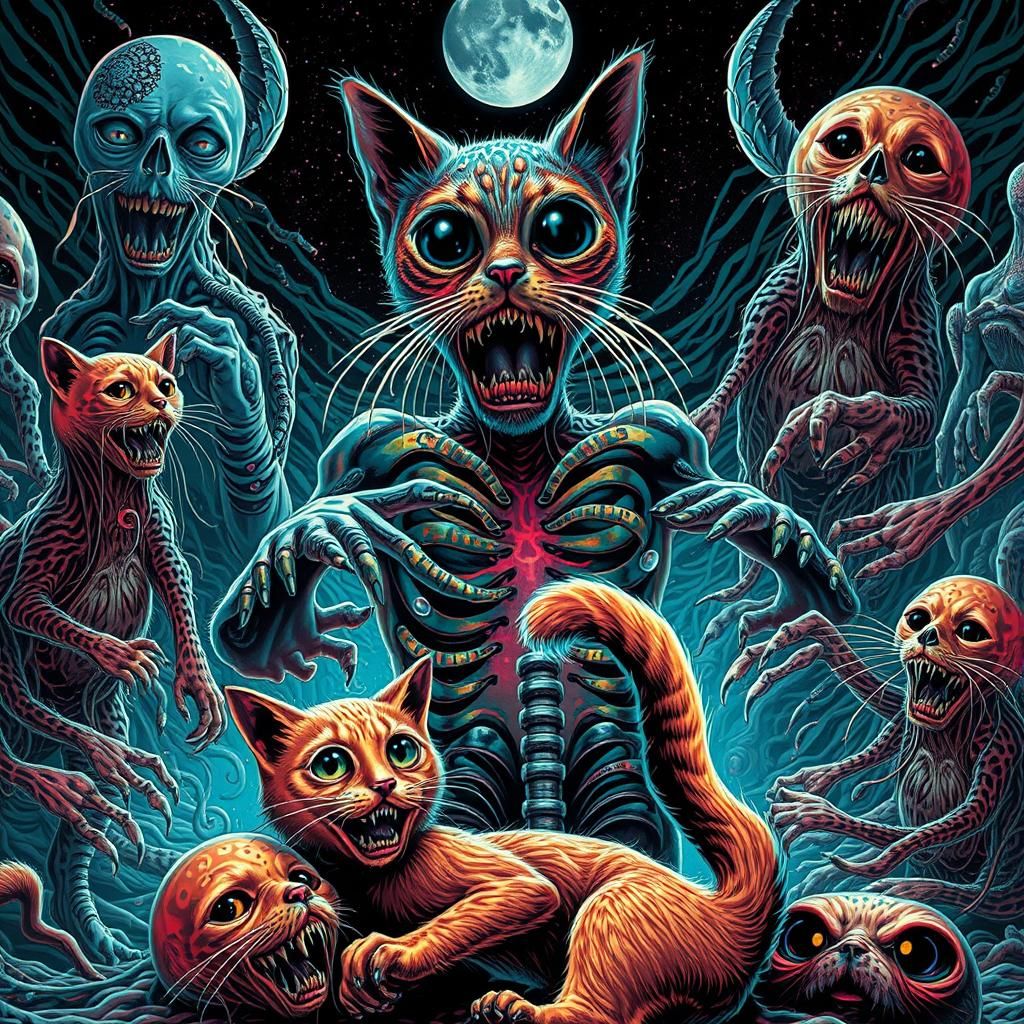 Surreal Distorted Cats in Dark Dreamscape, High Resolution