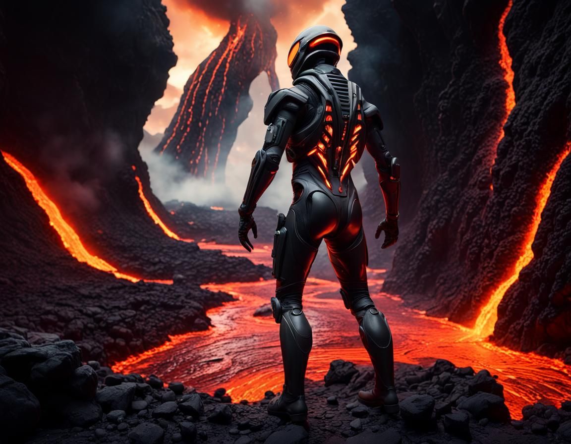 Alien Hunter in Lava Field: Digital Matte Painting
