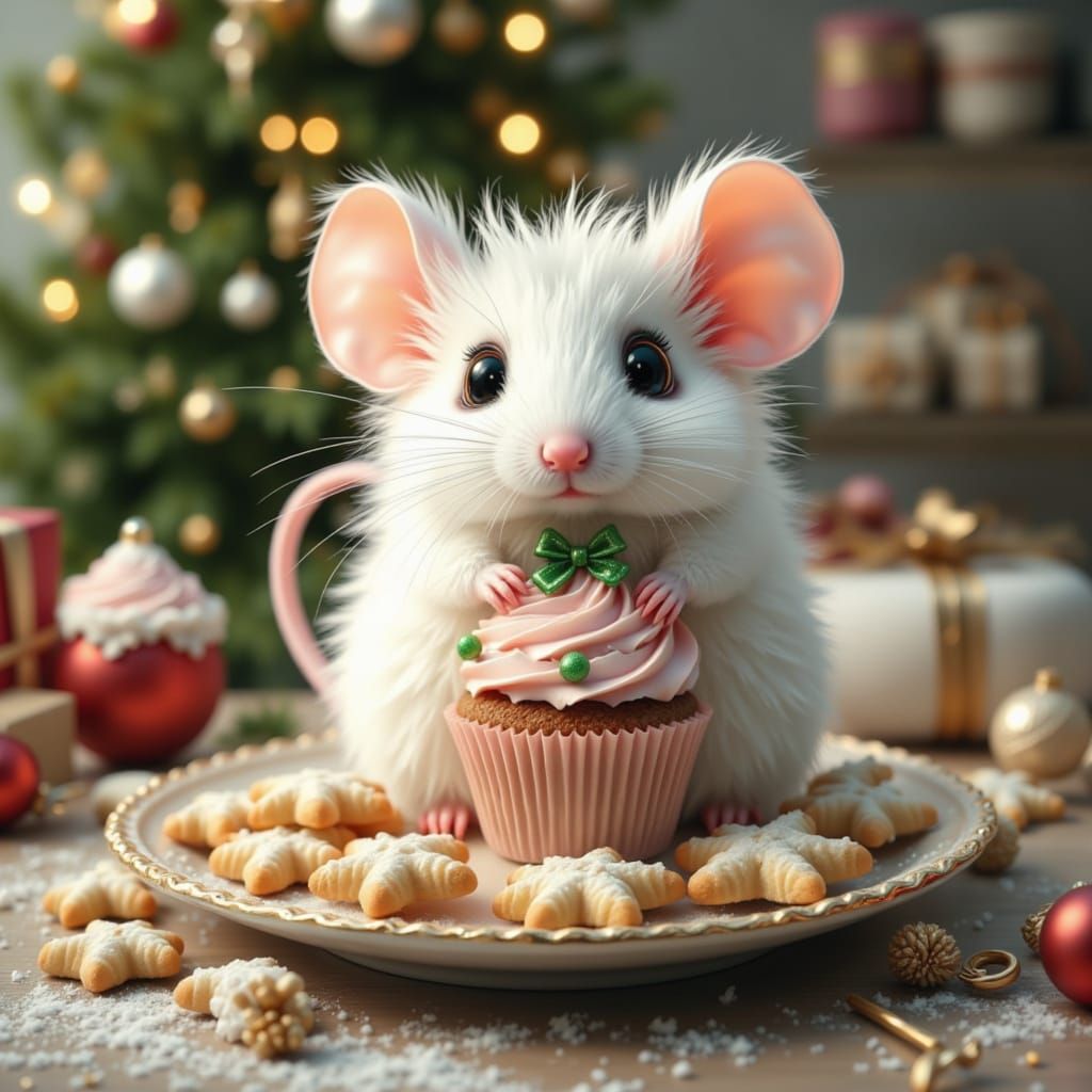 Whimsical Christmas Mouse with Cupcake and Cookies