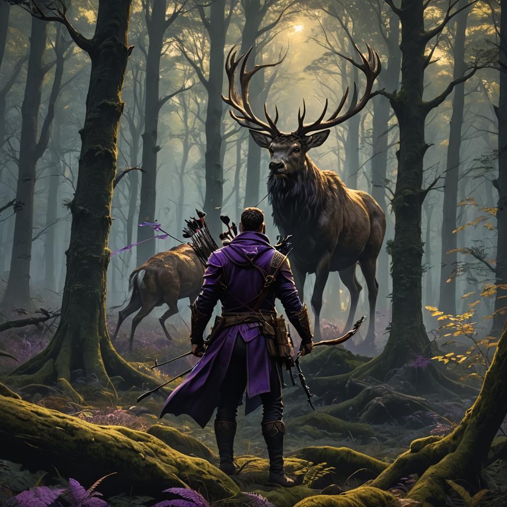 Archer Hunts Stag in Dark Fantasy Forest