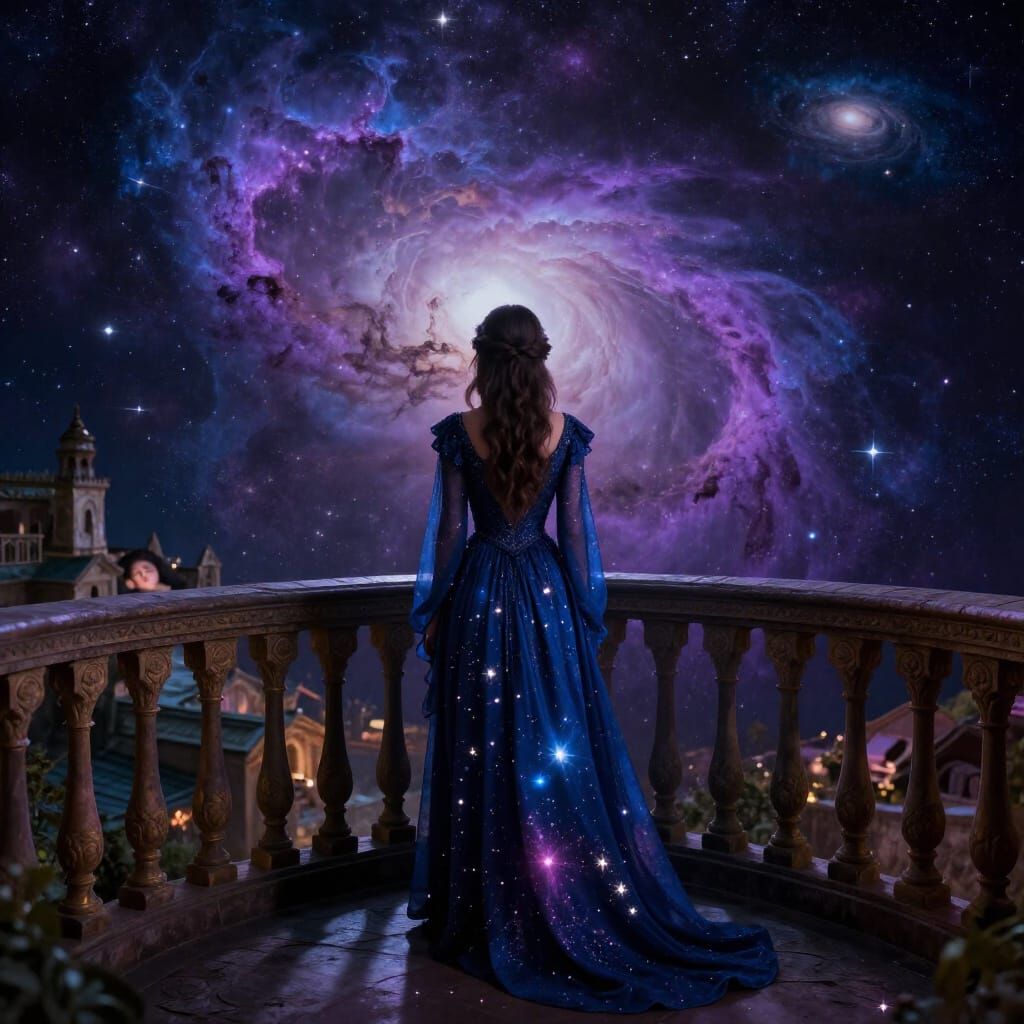 Woman Overlooks Nebula From Balcony in Cinematic Style
