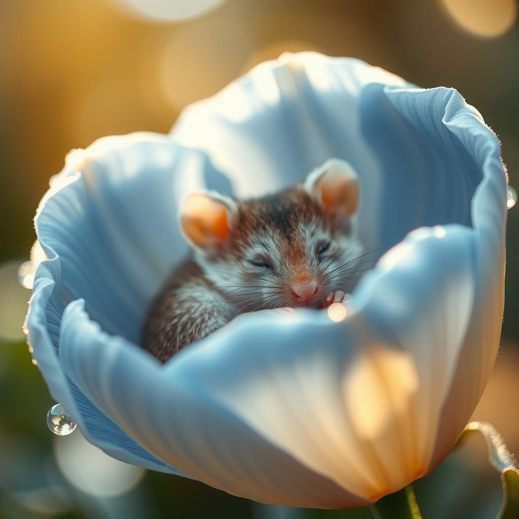 Dormouse Sleeping in Flower, Watercolor Illustration