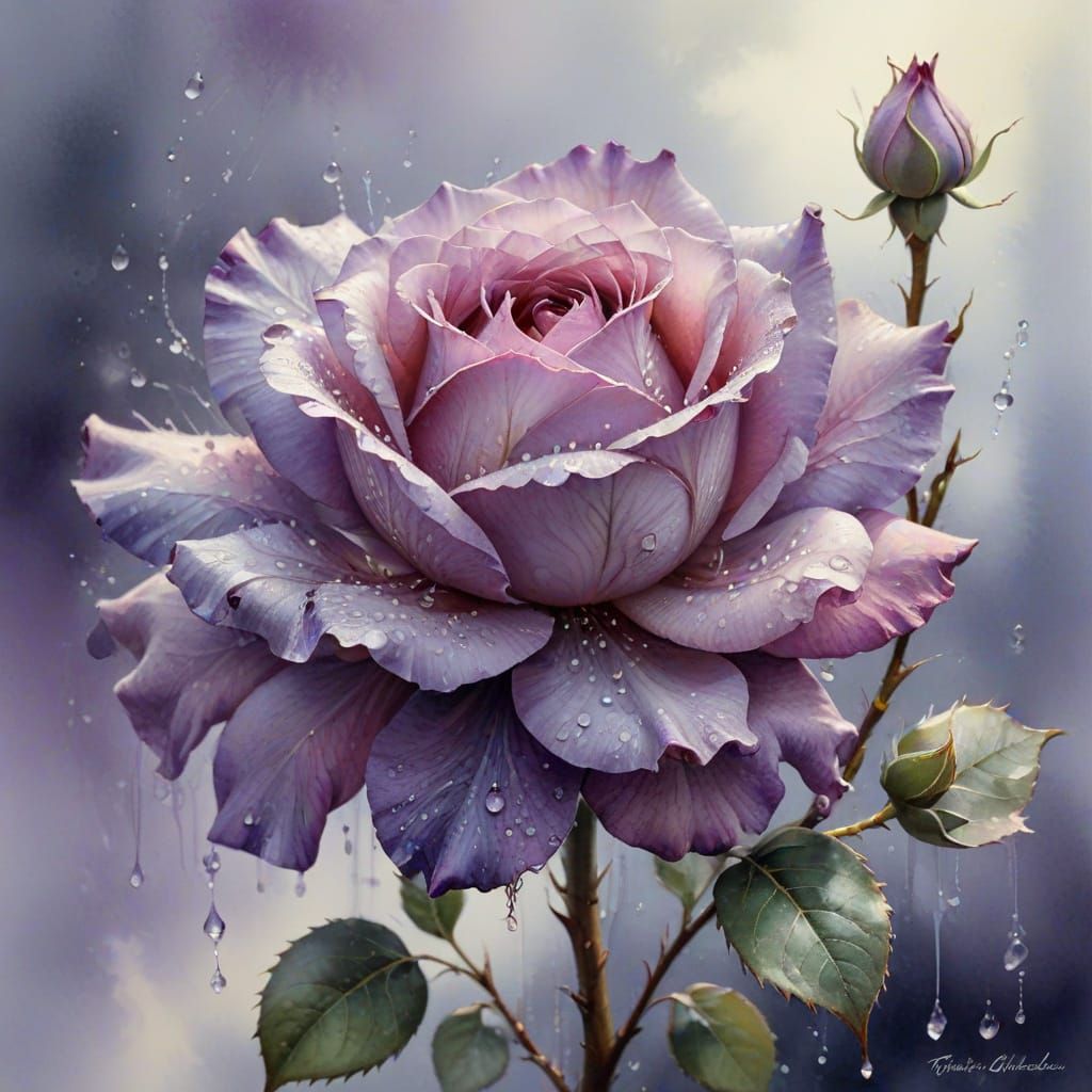 Ethereal Purple Rose Blossom in Watercolour and Ink