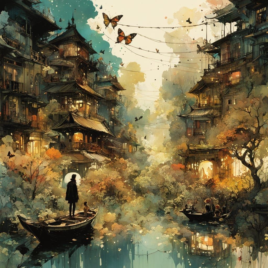 Watercolor Paradise World with Galaxies and Golden Trees