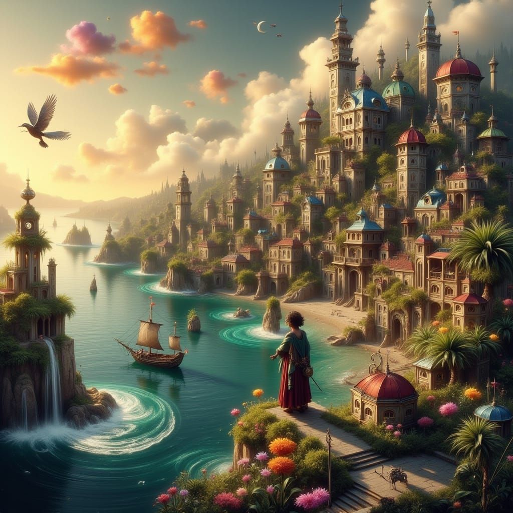 Steampunk Bard Amidst Whimsical Coastal Town